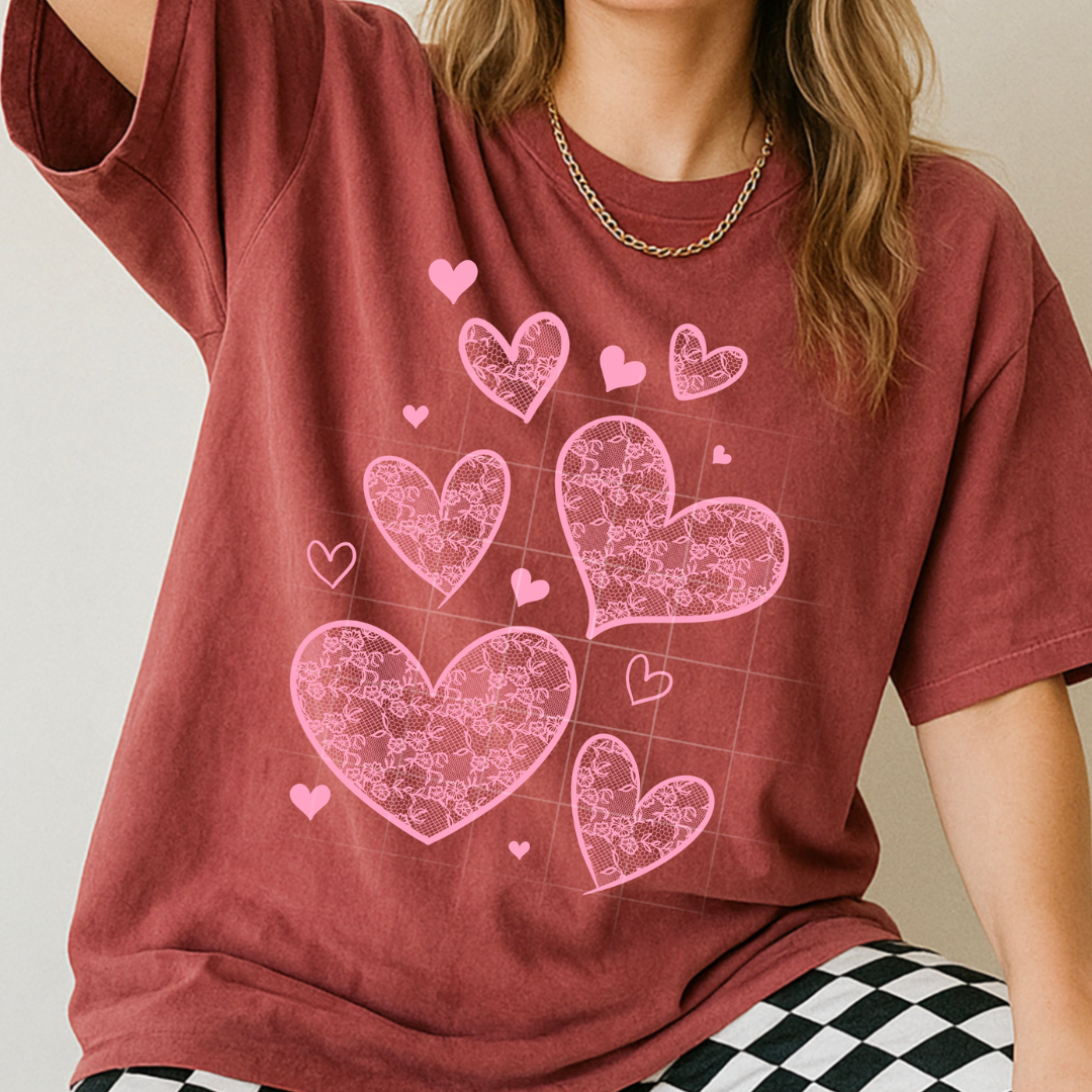 Pink Lace Hearts DTF