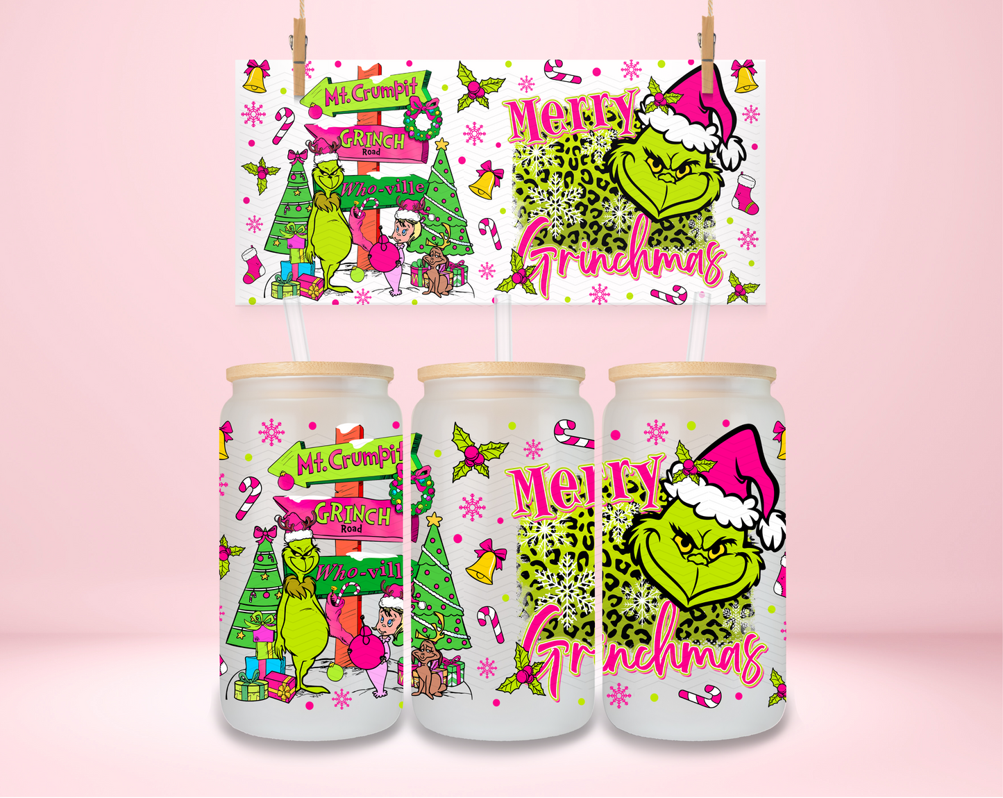 Pink Merry Grinchmas Double Sided UVDTF Wrap