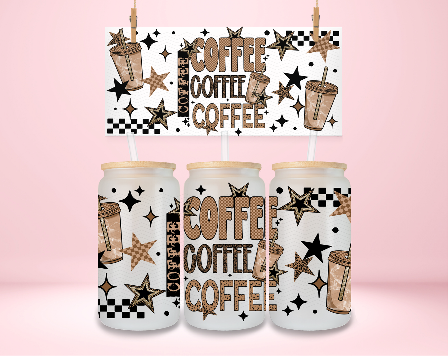 Checkered Coffee on Repeat- Iced UVDTF Wrap