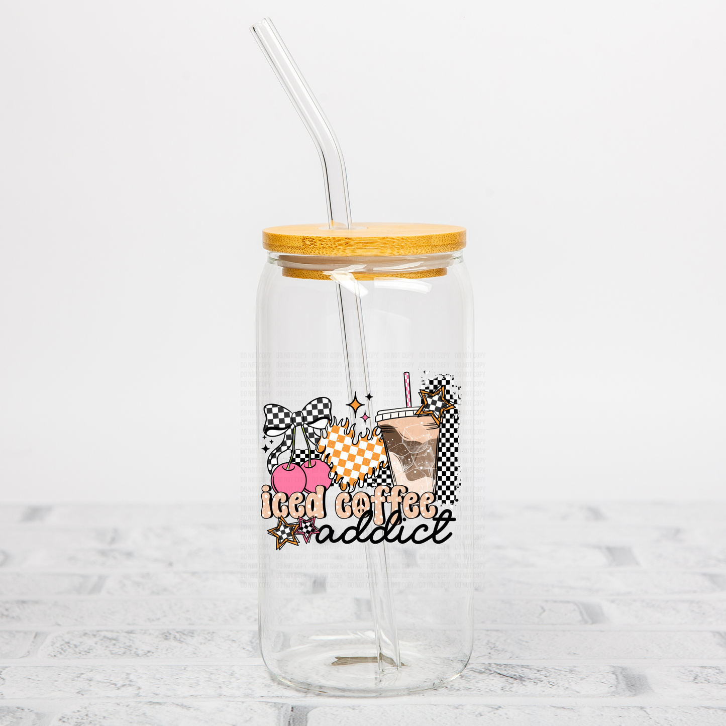 Checkered Iced Coffee Addict UVDTF Decal
