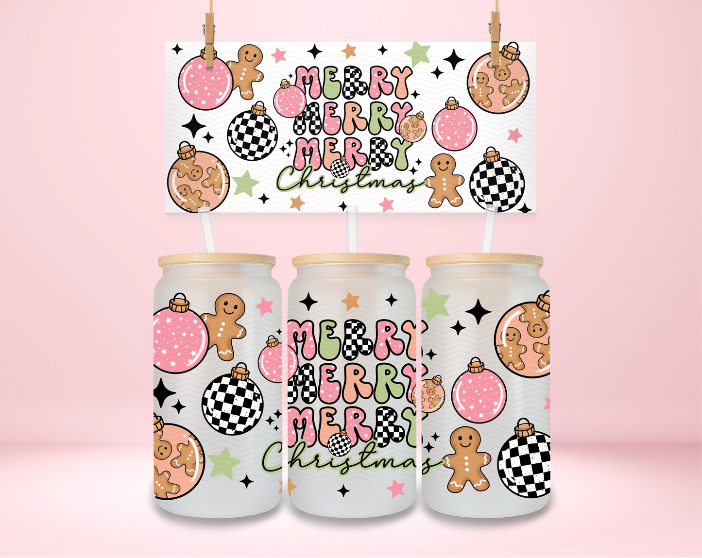 Merry Christmas Pink and Green Double Sided UVDTF Wrap