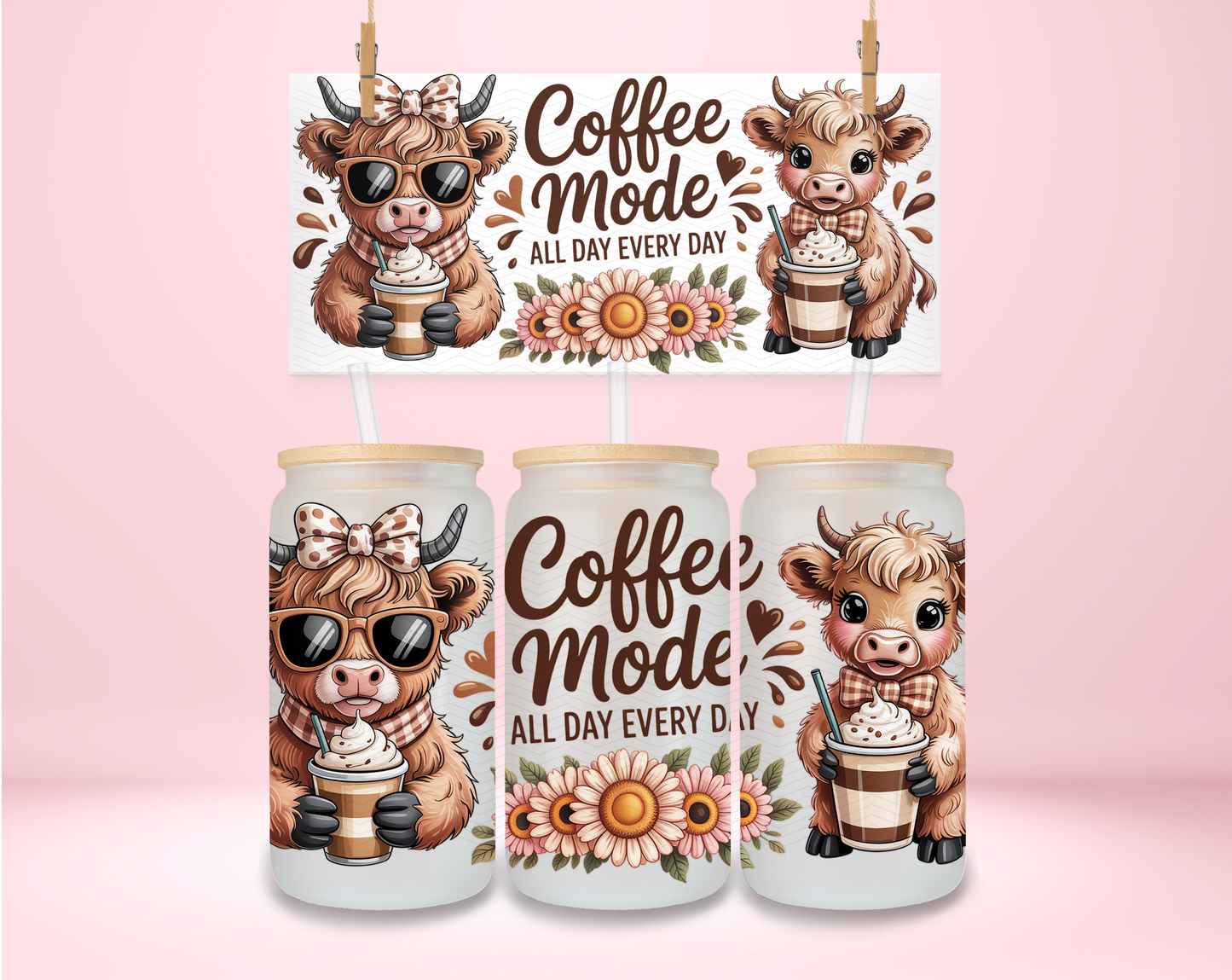 Coffee Mode Highland Cow UVDTF Wrap