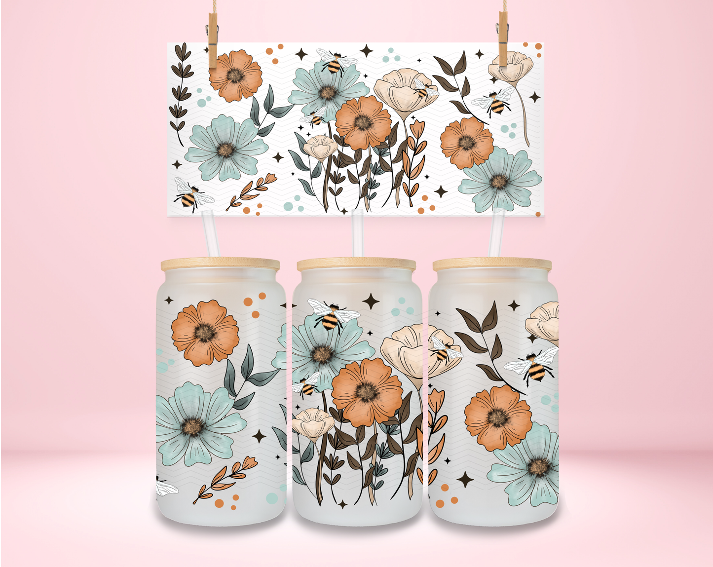 Orange and Blue Bee Floral UVDTF Wrap