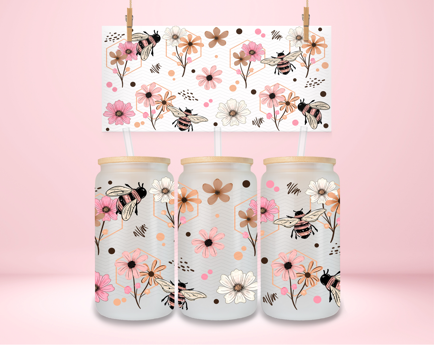 Floral Pink Bee Honeycomb UVDTF Wrap