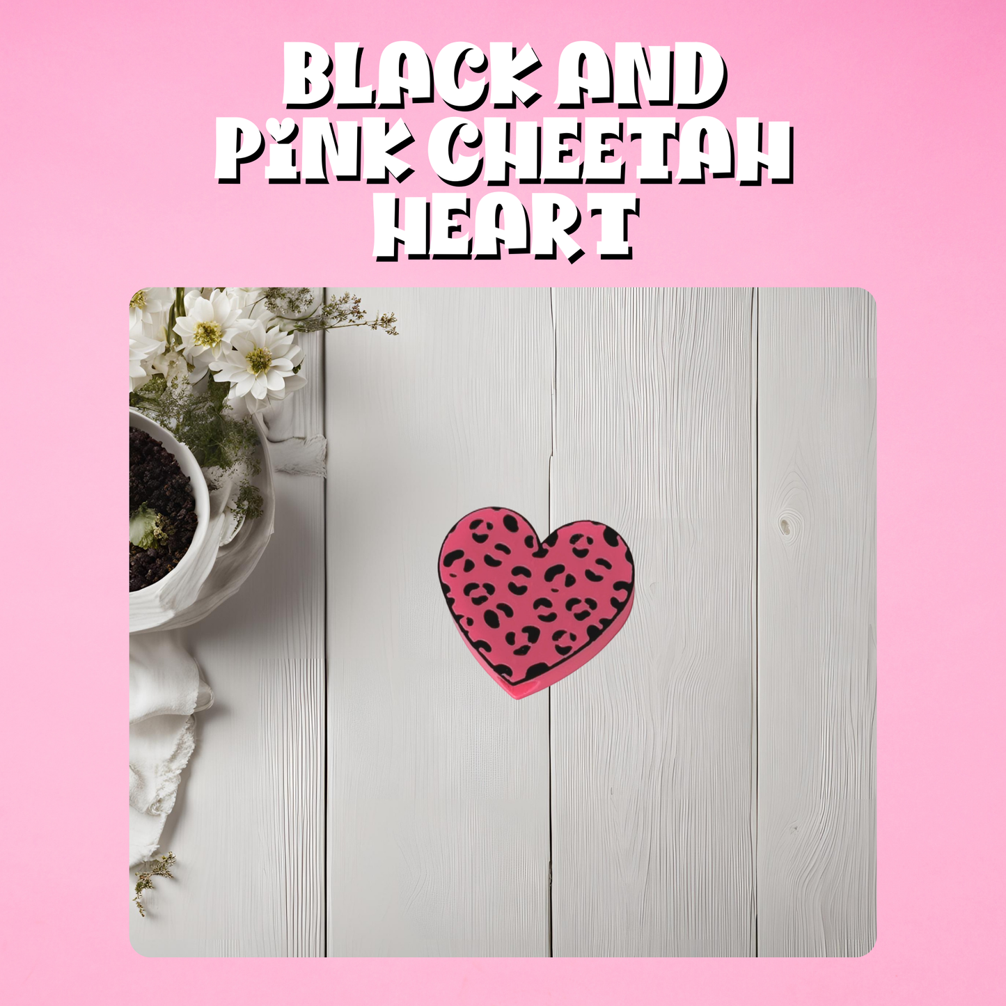 Black and Pink Cheetah Heart Straw Topper