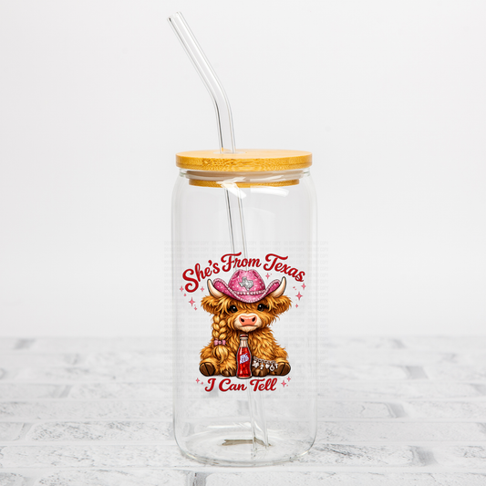 She's From Texas Highland Cow UVDTF Decal