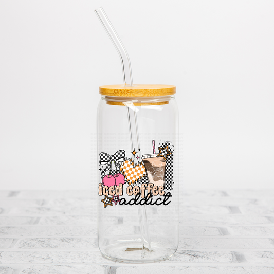 Checkered Iced Coffee Addict UVDTF Decal