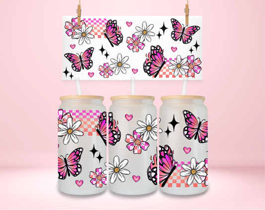 Pink Butterflies and Flowers Checkered UVDTF Wrap