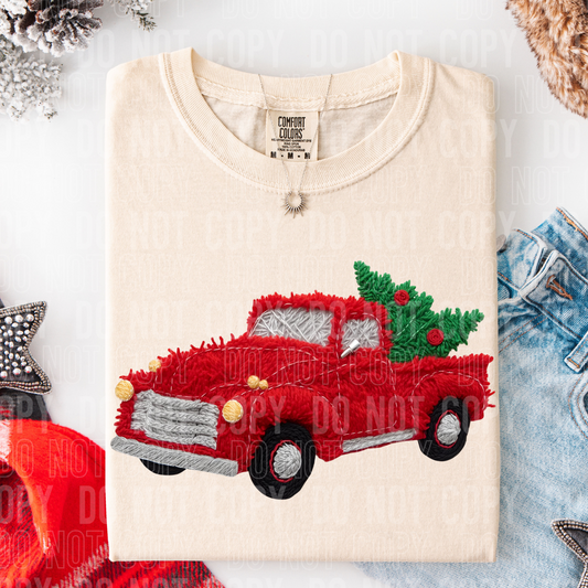 Red Christmas Truck Faux Yarn DTF