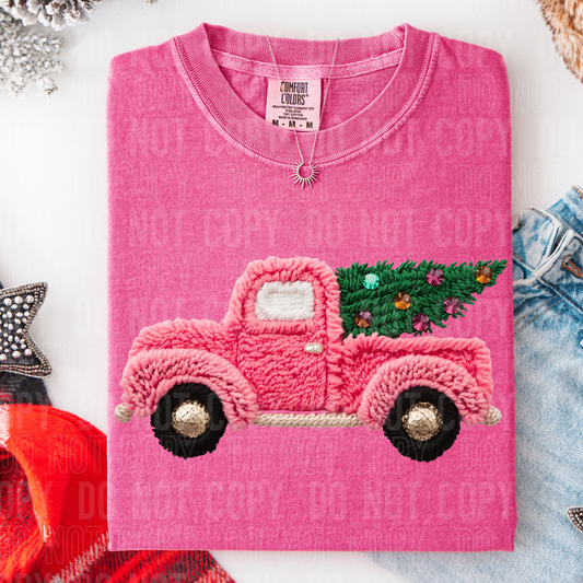 Pink Christmas Truck Faux Yarn DTF